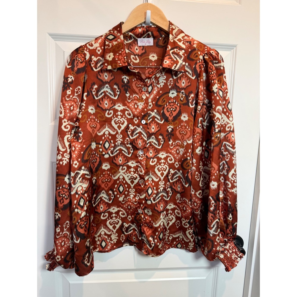 Pink Lily boutique Rust Orange Ikat Print Satin Button Down Blouse Smocked MM